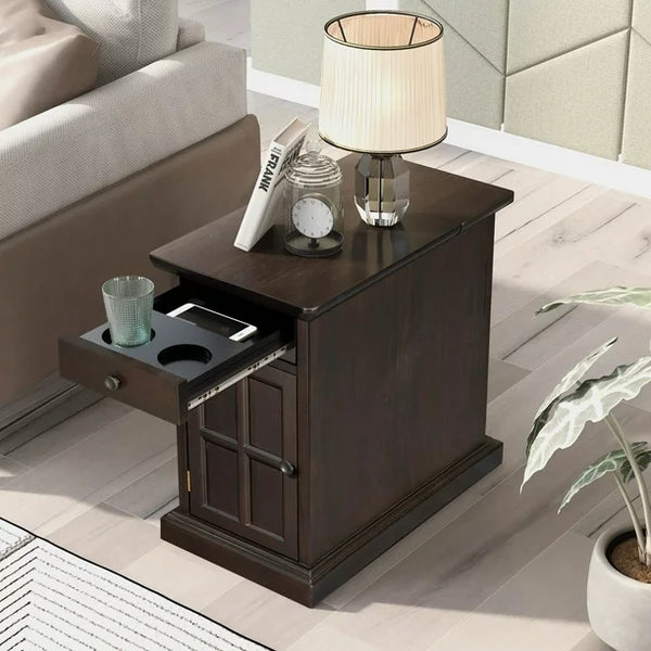 Classic Vintage End Table with USB Ports,Side Table with Multifunctional Drawer with Cup Holders,Night Stand for Living Room Bedroom,Antique Espresso