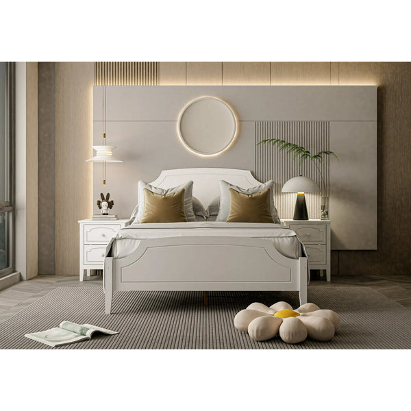 Contemporary Roman Style Full Size Bed,Solid Wood Bed Frame,No Box Spring Needed,Paint Sprayed Finishing,White