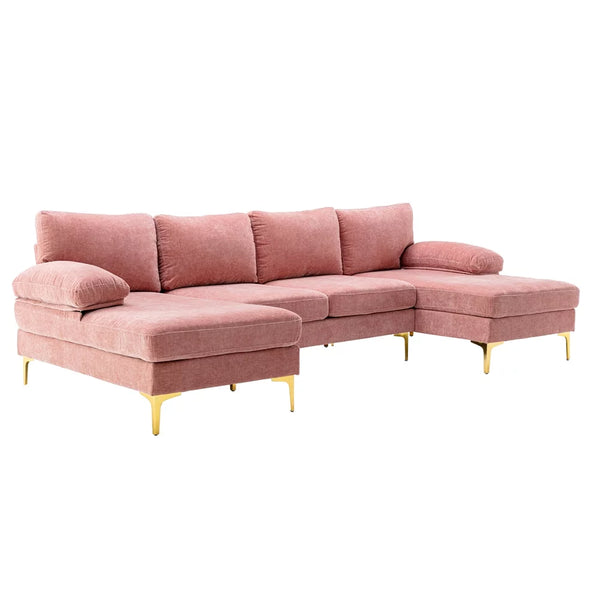 Convertible Sectional Sofa with Double Chaise Lounge, 110.63" U-Shaped Accent Sofa with 2 Arm Pillows and Golden Metal Legs, Modern Fabric Upholstered Sectional Sofa for Apartment Office, Pink