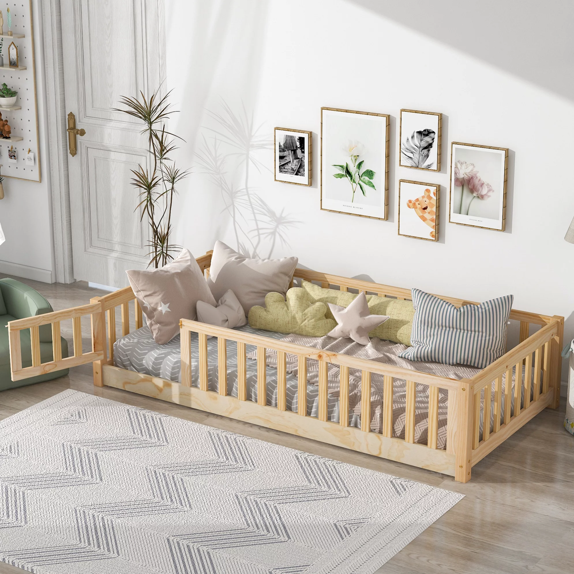 Twin Size Floor Bed for Toddlers and Kids, Solid Wood Montessori Floor Bed with Safety Fence Rail and Small Door, Durable Montessori Bed Frame with Sturdy Slats Support for Boys and Girls, Natural