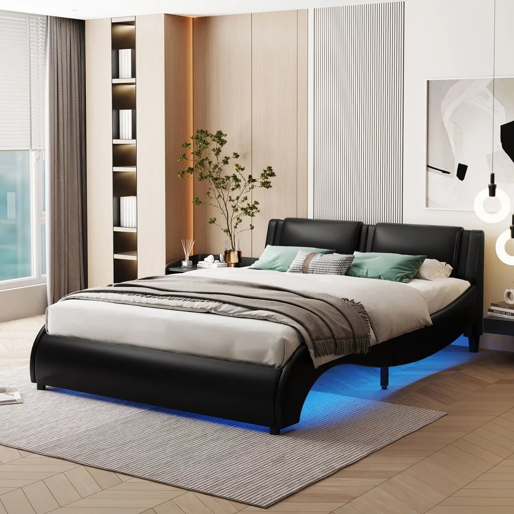 Full Bed Frame with LED Light, Upholstered Full Size Platform Bed Fram ...