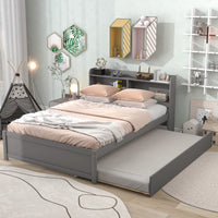 Full Bed with Trundle, Full Size Platform Bed with Bookcase Headboard and Pull Out Trundle Bed for Kids Teens Adults, Wooden Twin Bed Frame with Storage Shelves, Bed Frame for Living Room, Gray