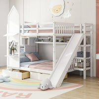 Full Over Full Bunk Bed Castle Style, Wooden Bunk Bed Frame with Stairs, Slide, Storage Drawers and Shelves, Stairway Bunk Beds for Children, Boys, Girls, Adults, White