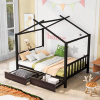 Full Size Metal House Bed, Montessori Bed Floor Bed, Full Size Platform Bed Frame with 2 Drawers, Headboard and Footboard, Metal Storage Bed Canopy Bed for Bedroom, Living Room, Black
