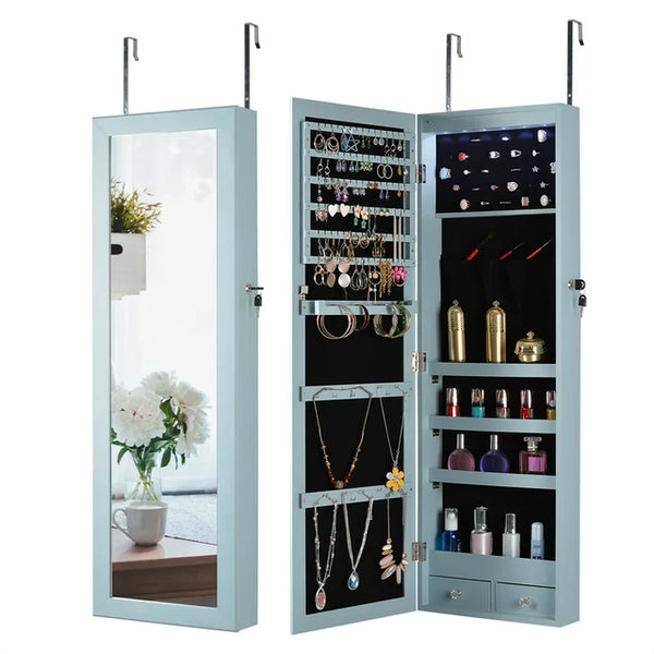 Jewelry Mirror Cabinet with LED Lights, Full Length Jewelry Organizer Armoire with 22 Hooks, 2 Cubes, 4 Lined Shelves & Rod, Lockable Storage Cabinet Can Be Hung On The Door Or Wall for Bedroom, Blue