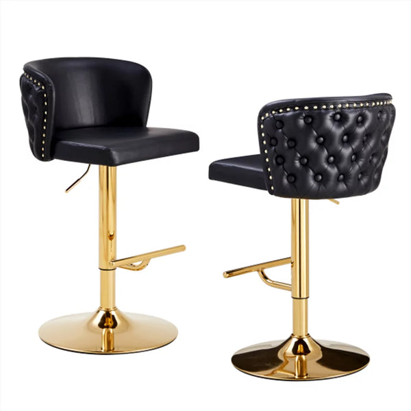 Leather Swivel Bar stools Set of 2, Adjustable Modern High Barstools with Tufted Backs, Metal Golden Nailheads Tall Kitchen Island Chairs, for Home Bar& Counter Stools (Black)