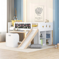 Low Loft Bed with Slide and Removable Desk, Twin Size Loft Bed Frame with Blackboard, Cabinets and Chair, Wooden Twin Kids Bed Frame for Boys Girls, No Box Spring Needed (White)