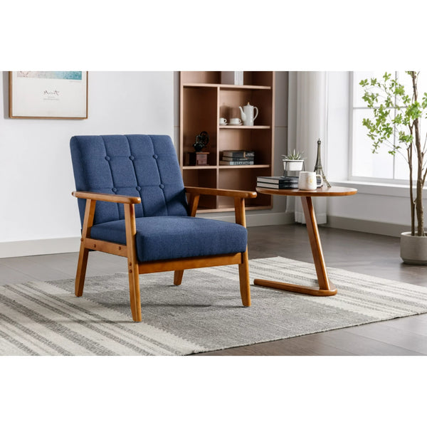 Mid-Century Modern Accent Lounge Chair, Linen Office Reception Chair Wooden Arm Chair, Vintage Tufted Tan Chair Upholstered Retro Sofa Side Sitting Chair for Living Room/Bedroom (Linen-Navy)