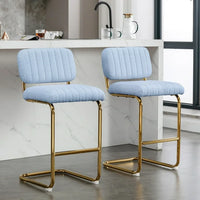 Mid-Century Modern Counter Height Bar Stools Set of 2, Upholstered Boucle Fabric Counter Stools, Armless Bar Chairs with Gold Metal Chrome Base for Kitchen Bar Dining Room, Blue