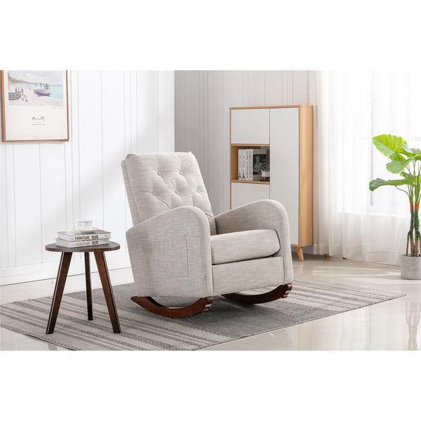 Modern Accent Rocking Chair,Upholstered Rocking Glider Rocker High Back Arm Chair with 2 Side Pockets for Living Room,Bedroom,Nursery,Office,Light Gray