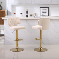 Modern Counter Height Barstools Set of 2, Swivel Velvet Bar Stools Counter Height Bar Chairs Adjustable Upholstered Tufted Stool with Curved Back & Footrest for Home Bar Kitchen Island Chair, Beige