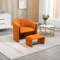 Modern Velvet Accent Chair with Ottoman, Upholstered Armchair with Wooden Frame, Single Leisure Barrel Chair for Living Room, Bedroom, Dorm, Orange