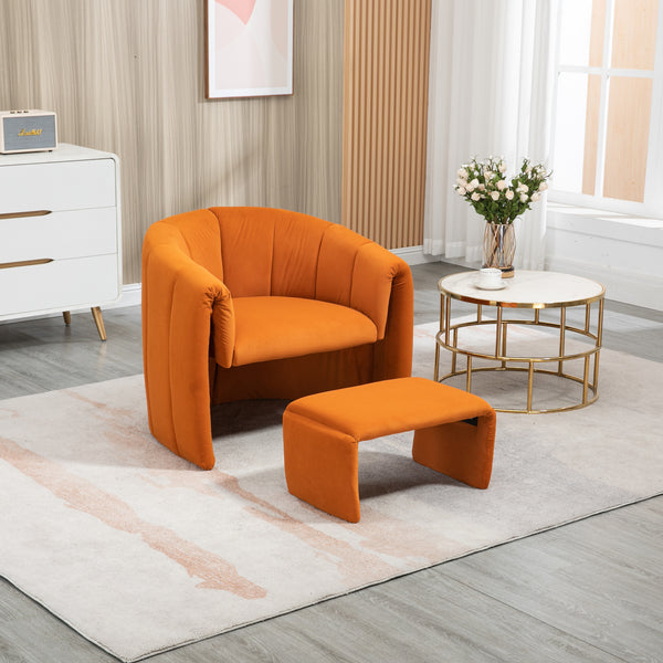 Modern Velvet Accent Chair with Ottoman, Upholstered Armchair with Wooden Frame, Single Leisure Barrel Chair for Living Room, Bedroom, Dorm, Orange