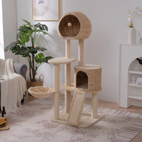 Natural Rattan Cat Tree, 61-Inch Cat Tower for Indoor Cats, Plush Multi-Level Cat Condo with Cat Scratching Post, Scratching Board, 1 Perches, 2 Caves and Cozy Basket, Cat Furniture Pet Play House