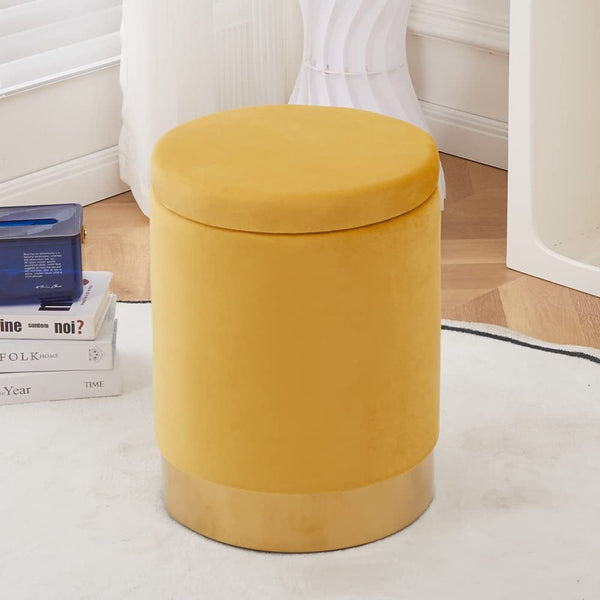 Round Footstools Velvet Storage Ottoman,Storage Ottoman Footrest Stool with Metal Base,Modern Vanity Stool Chair Foot Stools Small Side Table,Support 300lbs Padded Seat for Living Room ,Yellow