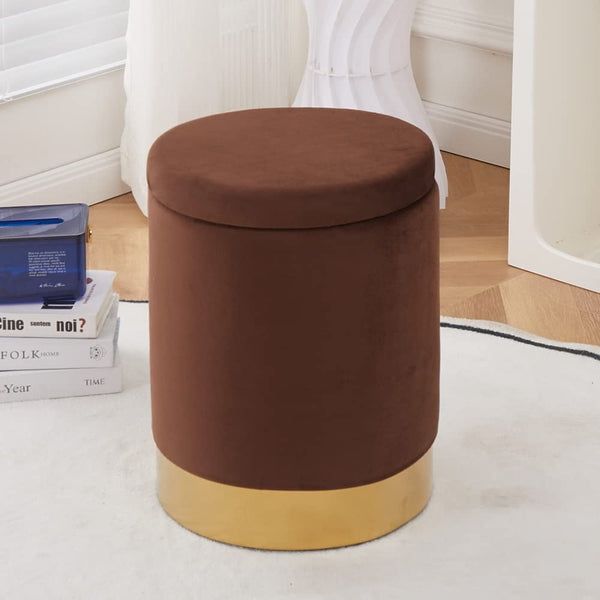 Round Footstools Velvet Storage Ottoman,Storage Ottoman Footrest Stool with Metal Base,Modern Vanity Stool Chair Foot Stools Small Side Table,Support 300lbs Padded Seat for Living Room ,Brown