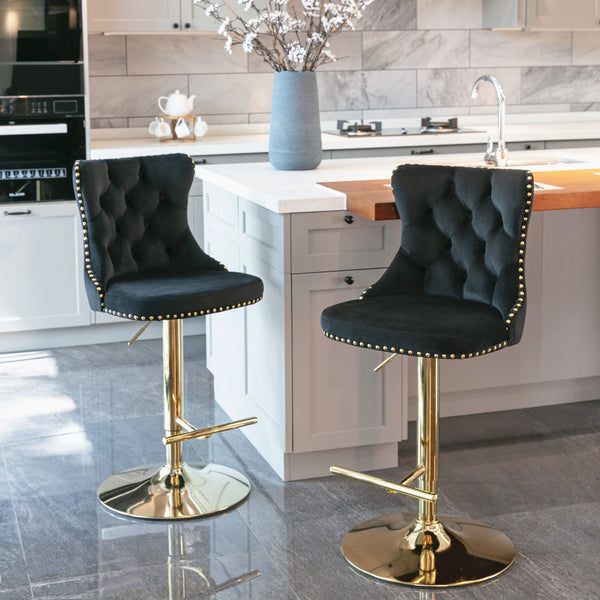 Swivel Bar Stools Set of 2 with Adjustable Seat Height, Contemporary Velvet Counter Stool with Metal Legs and Chrome Nailhead Trim Backrest, Dining Chair for Home and Pub, Black & Gold