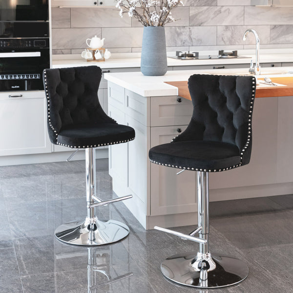 Swivel Bar Stools Set of 2 with Adjustable Seat Height, Contemporary Velvet Counter Stool with Metal Legs and Chrome Nailhead Trim Backrest, Dining Chair for Home and Pub, Black & Sliver