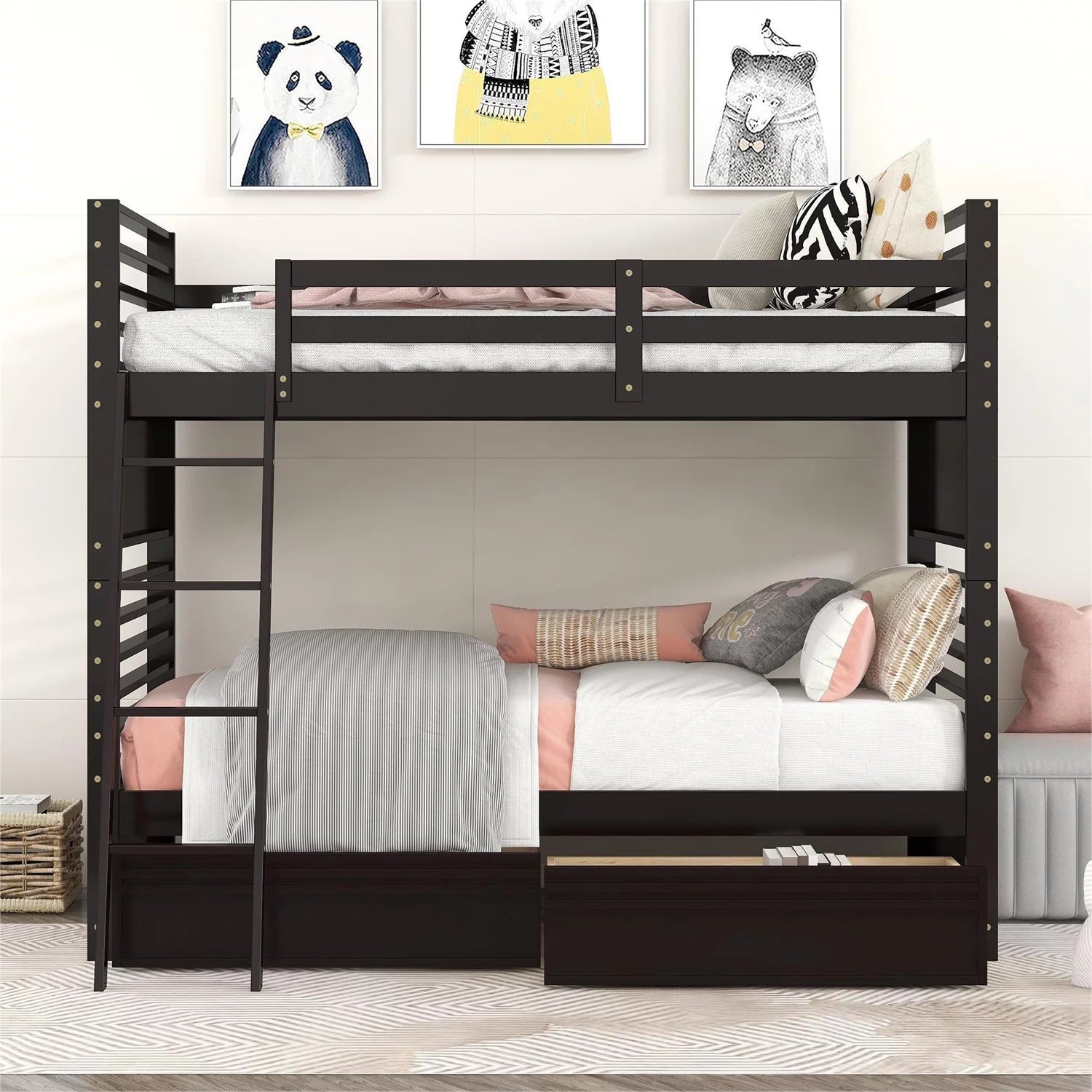 Twin over Twin Bunk Bed with 2 Drawers, Solid Wood Detachable Bunk Bed Frame with Guardrails and Ladder for Kids Teens Adults, Can be Convertible to 2 Separated Beds, Espresso