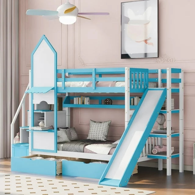 Twin Over Twin Castle Bunk Bed with Slide and Storage Stairs, Wood Playhouse Bunk Beds Frame with Shelves and Drawers,Princess Bunk Bed for Girls Boys Teens, No Box Spring Needed,Blue