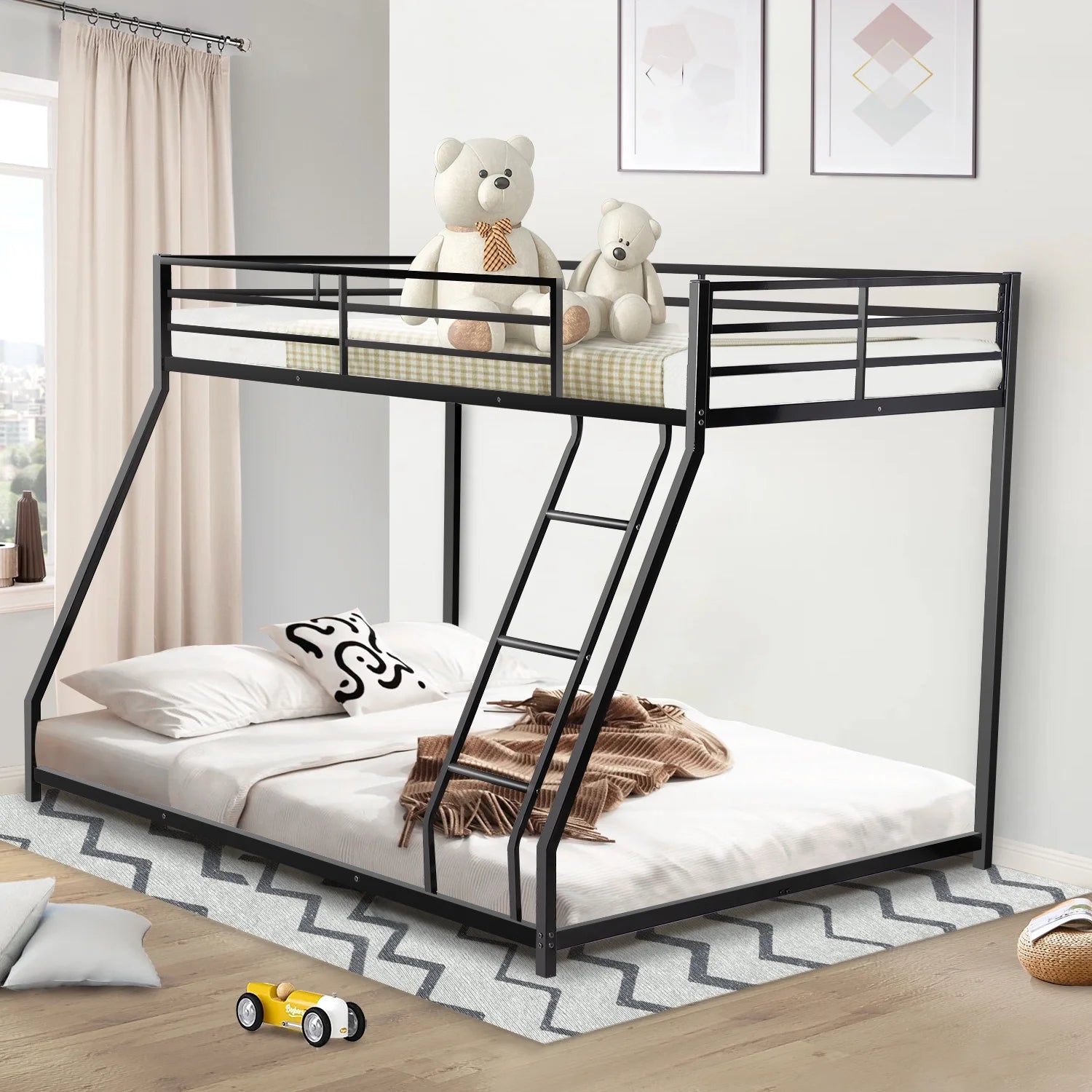 Twin Over Full Bunk Bed for Kids Adults, Industrial Heavy Duty Metal Bunk Bed Frame with Inclined Ladder & Safety Guardrail, Noise-Free & Space-Saving & Easy Climbing, Black