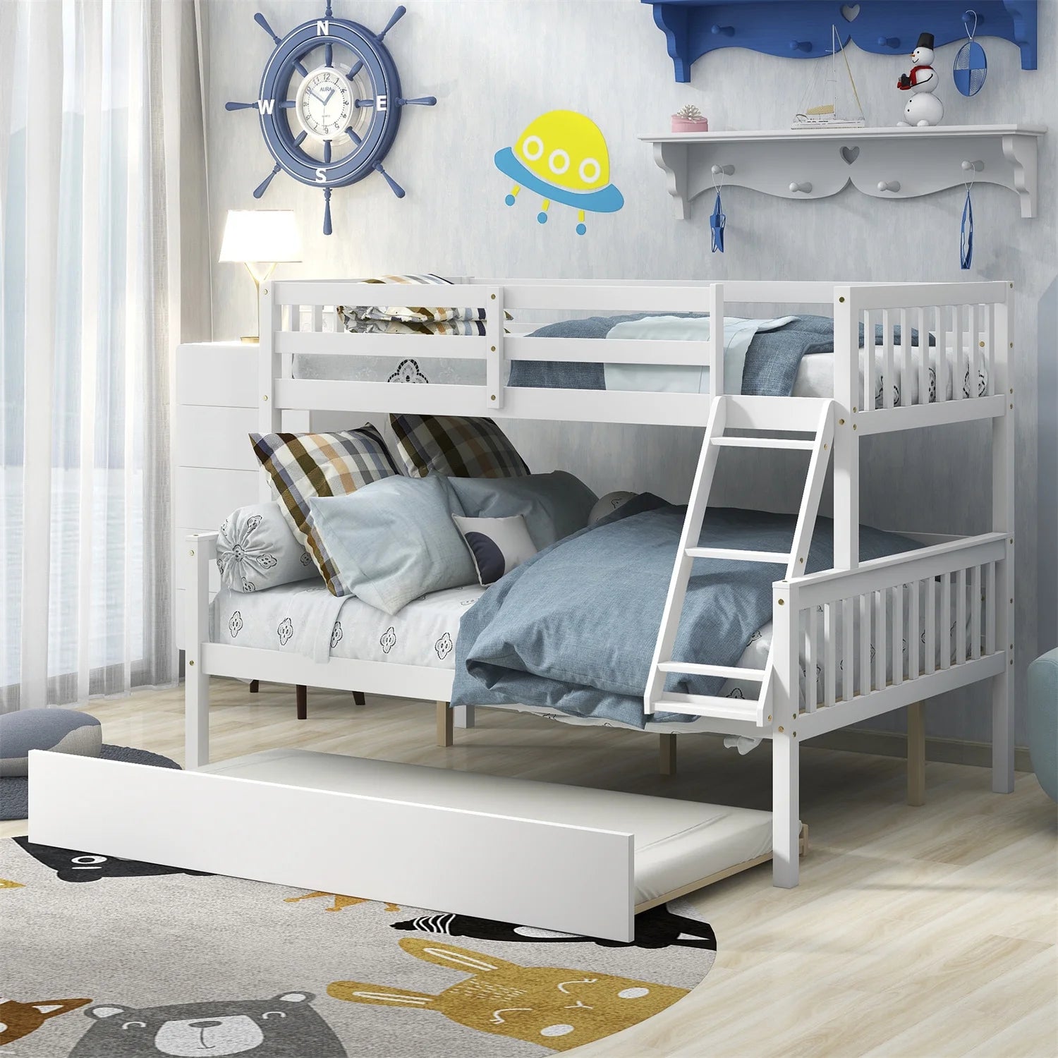 Twin Over Full Bunk Bed with Trundle, Solid Wood Low Bunk Bed Frame with Ladder and Safety Rails Convertible into 2 Separate Beds for Kids Boys Girls No Box Spring Needed, Easy Assembly, White