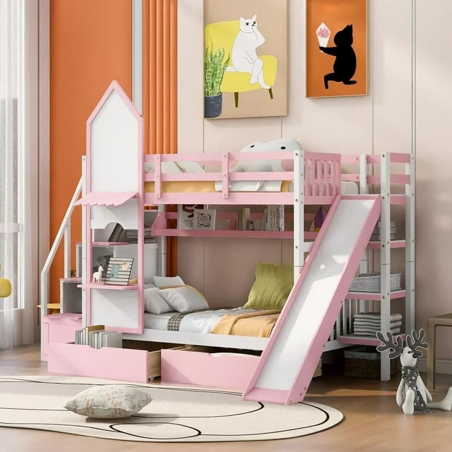 Twin-Over-Twin Castle Style Bunk Bed with 2 Drawers and 3 Shelves, Wood Bunk Bed Frame with Slide and Storage Staircase for Kids Teens Boys Girls, Space Savings,Pink