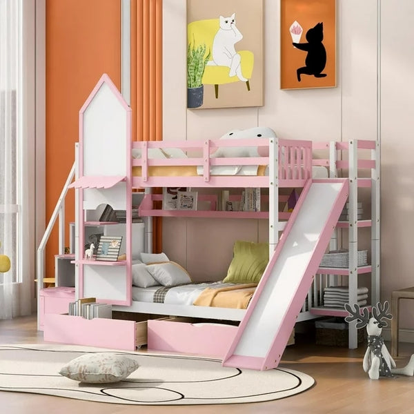 Twin-Over-Twin Castle Style Bunk Bed with 2 Drawers and 3 Shelves, Wood Bunk Bed Frame with Slide and Storage Staircase for Kids Teens Boys Girls, Space Savings,Pink