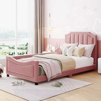 Twin Platform Bed Frame, Fleece Fabric Upholstered Daybed with Classic Stripe Shaped Headboard and Nail Head Trims, Aesthetic Sofa Bed Frame for Girls Boys, Pink