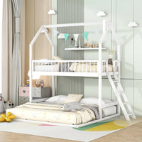 Twin Size Bunk Bed Frame for 3 Children, Extending Wooden Triple Bunk Beds, House Bed with 11.4inch Guardrail and Inclined Ladder for Boys Girls Teens, White