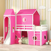 Twin Size Castle Shaped Floor Bunk Bed, House Bunk Bed with Slide Tent and Roof, Wood Loft Bed with Curtains and Tower for Kids Girls Boys Teens Bedroom