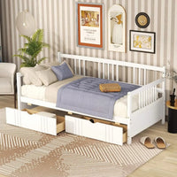 Twin Size Daybed Frame with 2 Drawers, Wooden Sofa Bed for Bedroom Living Room, Wood Low Platform Bed with Storage Drawers, Dual-use Bedroom Furniture, No Box Spring Needed, White