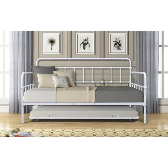 Twin Size Daybed with Pull Out Trundle, Heavy Duty Metal Sofa Bed for Kids Teens Adults, Premium Steel Slat Support, No Spring Box Needed, White 77.48"L x 41.1"W x 43.3"H