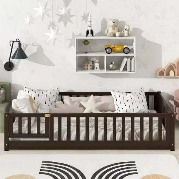 Twin Size Floor Bed for Kids, Wood Twin Montessori Bed Frame with Fence Guardrails and & Support Slats, Twin Playhouse Bed with Door Design, Kids Fence Bed Playpen Bed for Boys ,Girls, Expresso