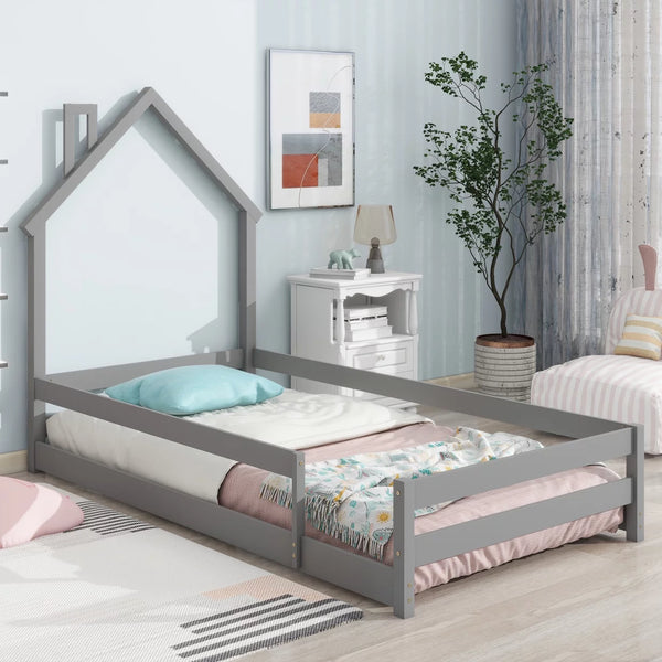 Twin Size Floor Bed Wooden Montessori Floor Bed with House-Shaped Headboard and Fence Guardrails Twin Bed Frame for Girls and Boys, No Weight Limit, Gray