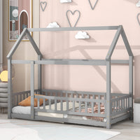 Twin Size Floor Wooden Bed with House Roof Frame, House Shape Platform Bed with Fence Guardrails, Twin Size House Shape Bed for Kids Teens, Gray