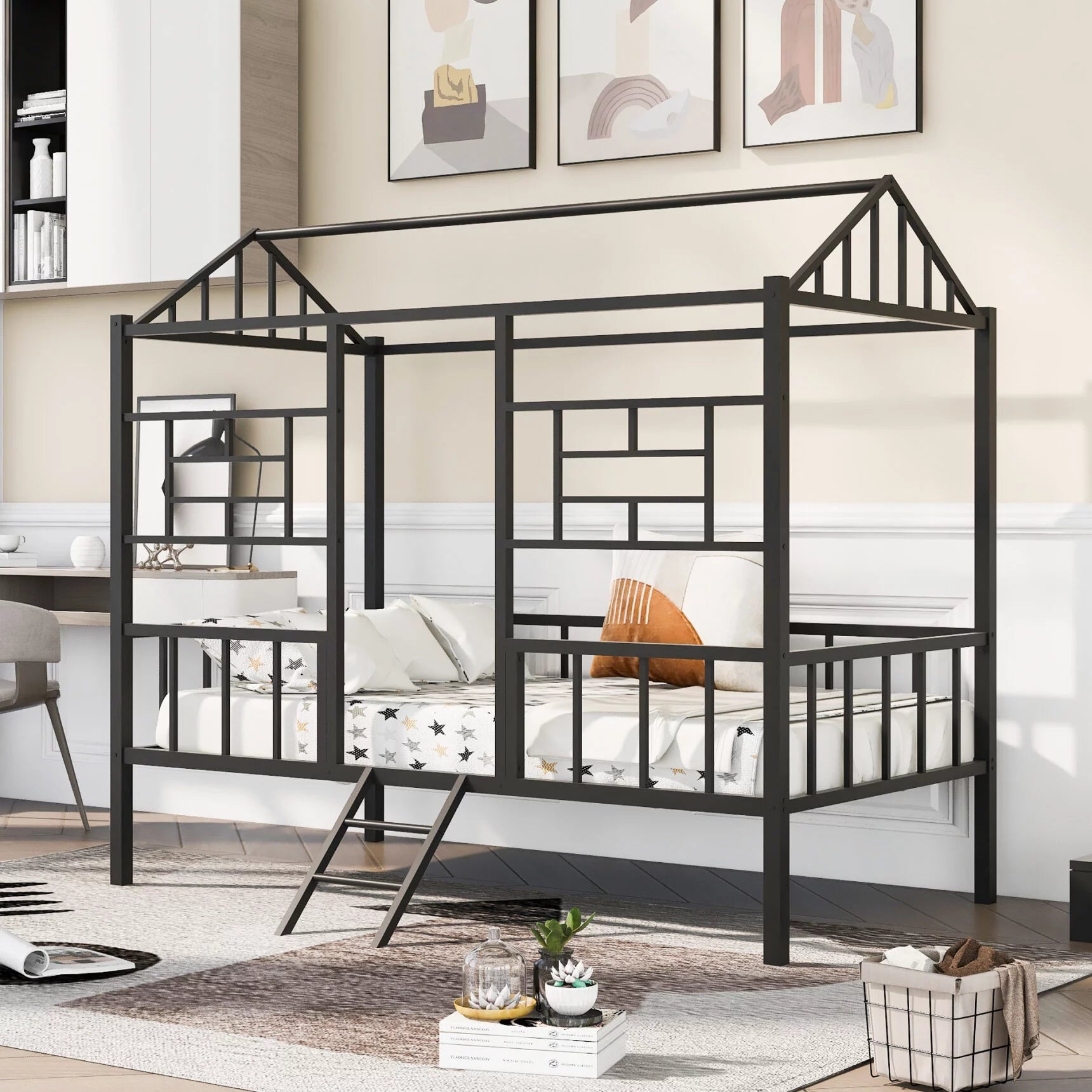 Twin Size House Bed, Metal House Bed Frame with Slatted Support, Low Loft Bed for Kids with Ladder and Full-Length Guardrail, Playhouse Bed with Roof, Window and Door Design for Boys and Girls, Black