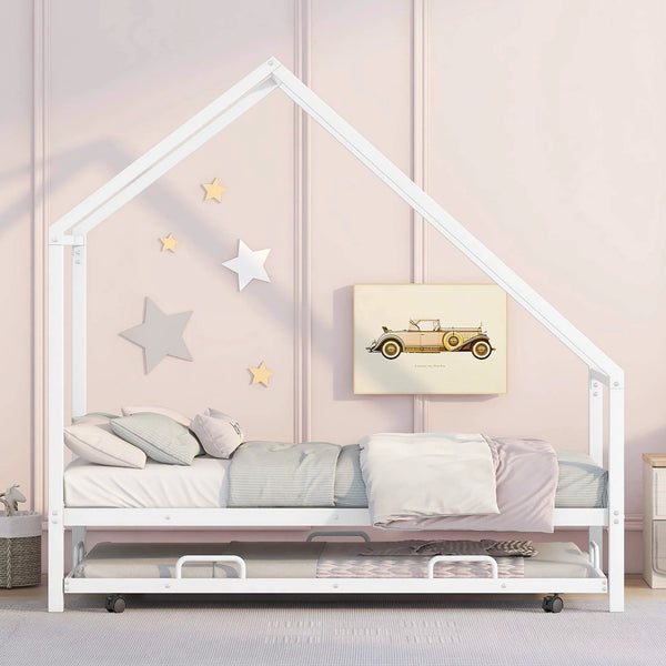 Twin Size House Bed with Trundle, Tent Metal Bed Frame, Floor Play House Bed with Slat, Montessori Beds Metal Canopy Bed Frame, No Box Spring Needed, White