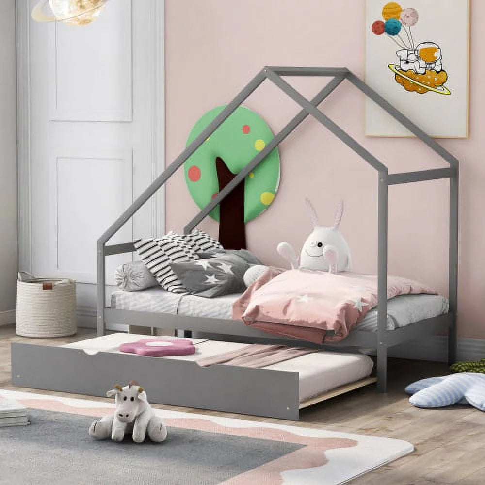 Twin Size House Bed With Twin Size Trundle Bed, Wooden Platform Bed Frame with Line Sense House Shape Appearance for Kids Teens Girls Boys, Can Be Decorated, Mattress not Included, Gray