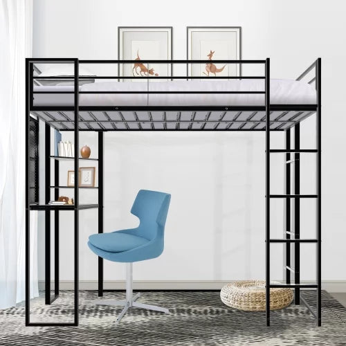 Twin Size Loft Bed with 2 Built-in Ladders, Metal Loft Bed Frame, Multifunctional Loft Bed with Desk and Shelves, Space-Saving Bed Frame with Strong Board Slats, Hold up to 200lbs, Black