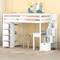 Twin Size Loft Bed with Desk and Storage Stairs, Solid Wood Loft Bed Frame with Drawers and Shelves Functional Loft Bed with Full-length Guardrail for Kids Adults, No Box Spring Needed, White