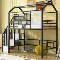 Twin Size Loft Bed with Roof Design and a Storage Box, House-Shaped Metal Loft Bed Frame with Staircase and Full-Length Guardrail, Twin House Loft Bed for Kids Girls and Boys, Easy Assemble, Black