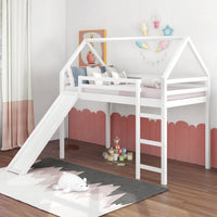 Twin Size Loft Bed with Slide, Kids Loft Bed with House and Roof Design, Low Loft Bed Frame with Built-in Ladder and Safety Guardrail, Solid Wood Twin Loft Bed for Kids Boys and Girls, White