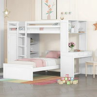 Twin Size Loft Bed with a Stand-alone Bed,Wood Loft Bed Frame with Shelves,Desk,and Wardrobe,Twin Over Twin Bunk Bed for Kids Teens Adults,White