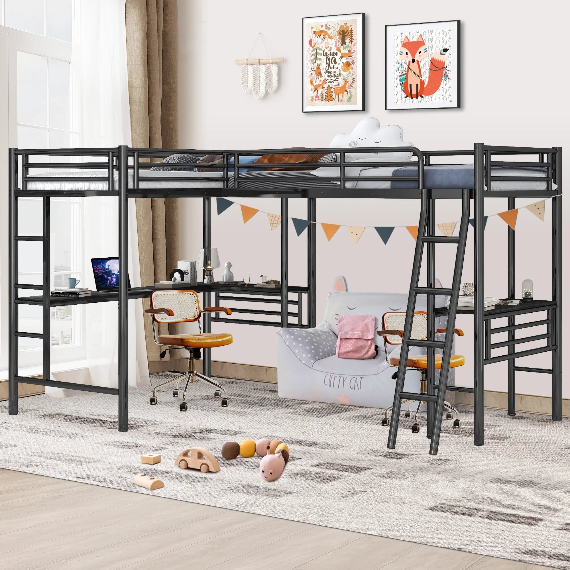 Twin Size Metal Loft Bed with Two Built-in Desks,Heavy Duty L-Shape Steel Loft Bed Frame with Storage Shelves and 2 Built-in Ladders, Space Saving Loft Bed with Guardrails for Kids Boys Teens Bedroom