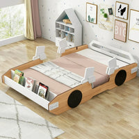 Twin Size Racing Car Shaped Bed,Wood Platform Bed Frame with Door Design and Storage for Kids Boys Girls,Natural+White+Black