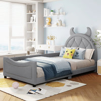 Twin Size Upholstered Daybed, Cute Teddy Fleece Sofa Bed with OX Horn Shaped Headboard, Wooden Platform Bed Frame for Teens Adults, No Box Spring Needed, Gray