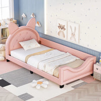 Twin Size Upholstered Daybed, Wood Low Platform Day Bed Frame with Cat Ears Shaped Headboard & Curved Footboard, PU Leather Sofa Bed Frame with Button Tufted Decoration & Nailhead Trim for Kids, Pink