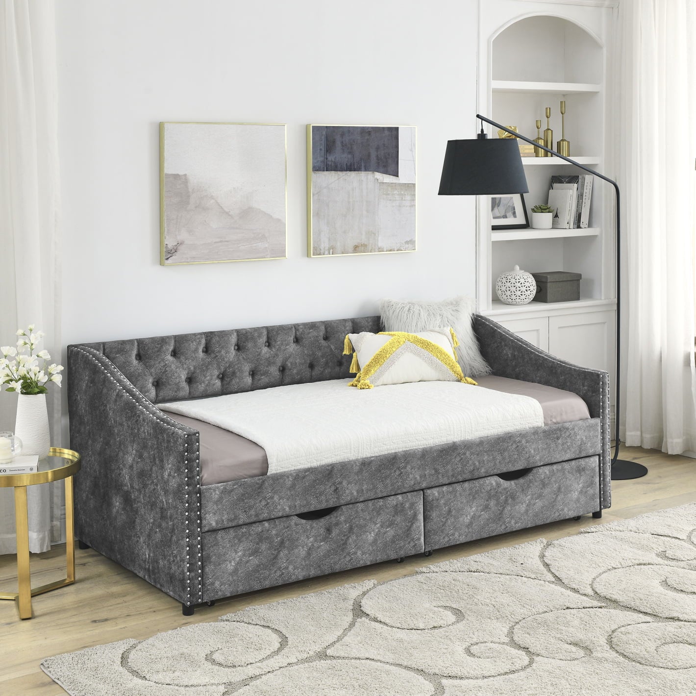 Twin Size Upholstered Tufted Sofa Bed with Drawers,Button on Back and Copper Nail on Waved Shape Arms,Trundle Bed,Modern Daybed for Kids, Teens and Adults, No Box Spring Needed,81.5“x41”x30.5“,Grey