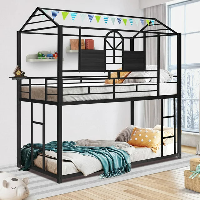 Twin over Twin Metal House Bunk Bed with 2 Ladders for Kids Teens, Floor Bunk Bed with Roof and Window Can Be Decorated, Black